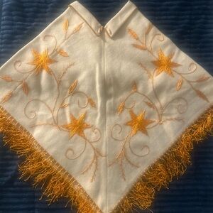 Embroidered Cream Wool Shawl with Orange Floral Embroidery & Fringe